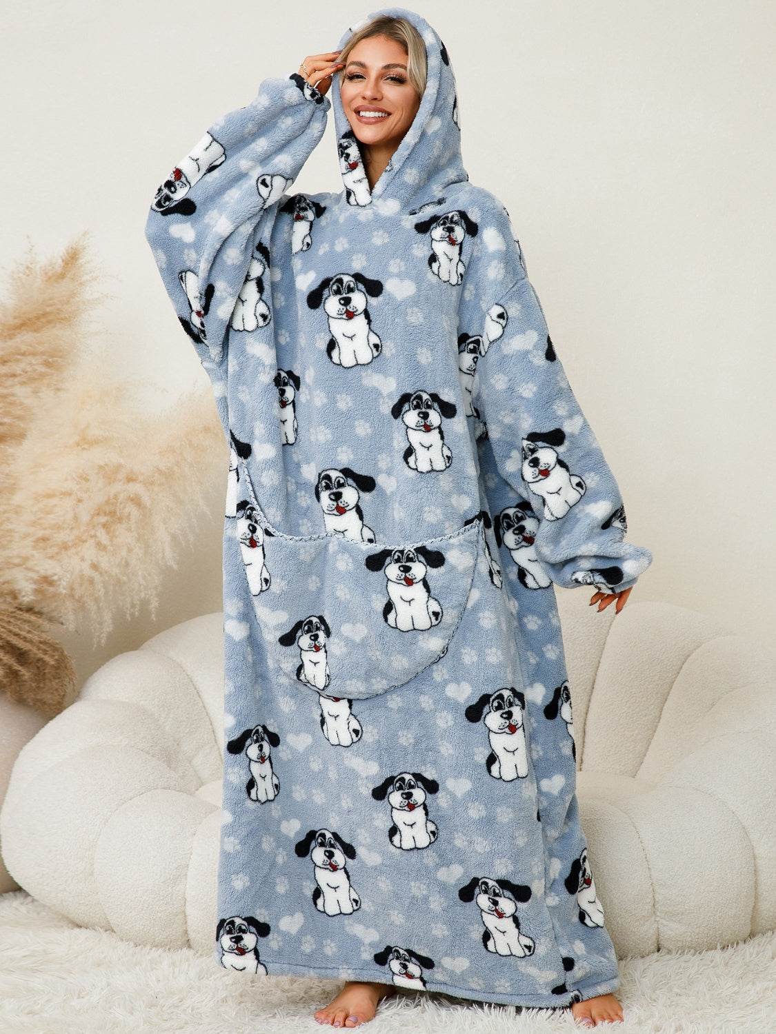 Fuzzy Pocketed Long Sleeve Hooded Lounge Dress - Fashions Envy