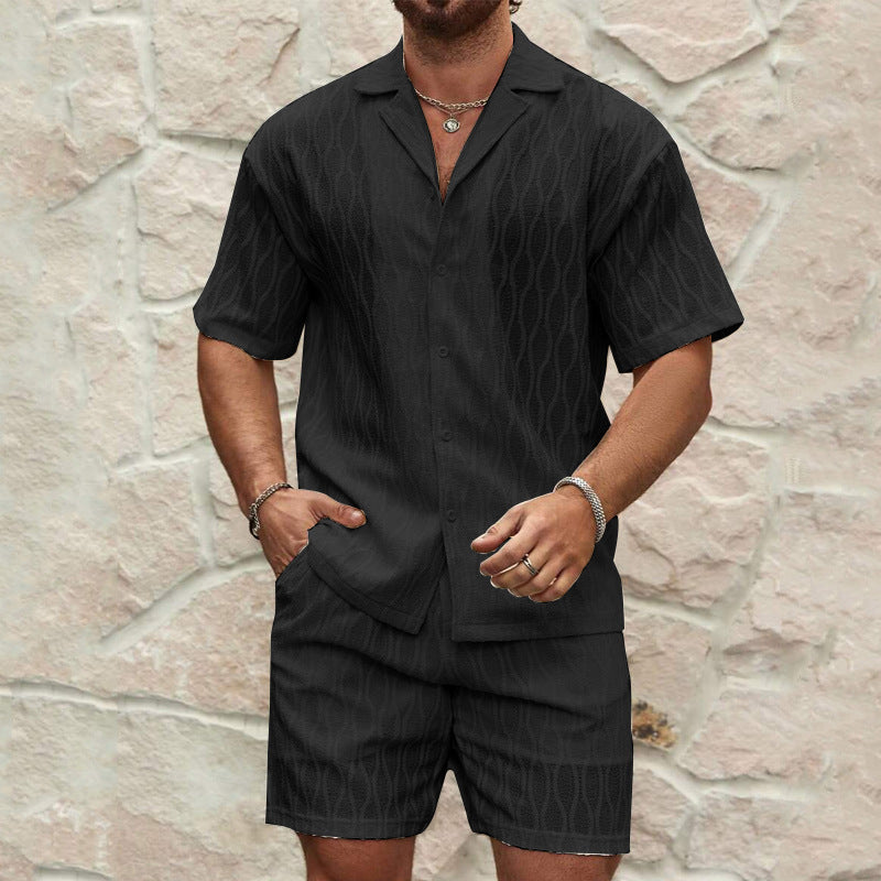 Men's Summer Fashion Solid Loose Casual Two Pieces Lapel Button Shirt Shorts Set