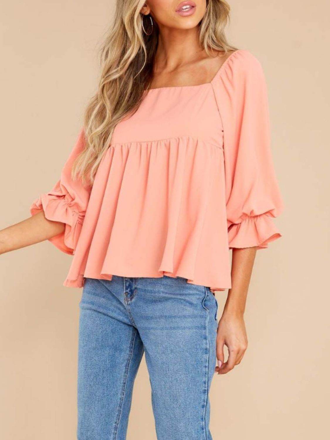 Smocked Square Neck Flounce Sleeve Blouse - Fashions Envy