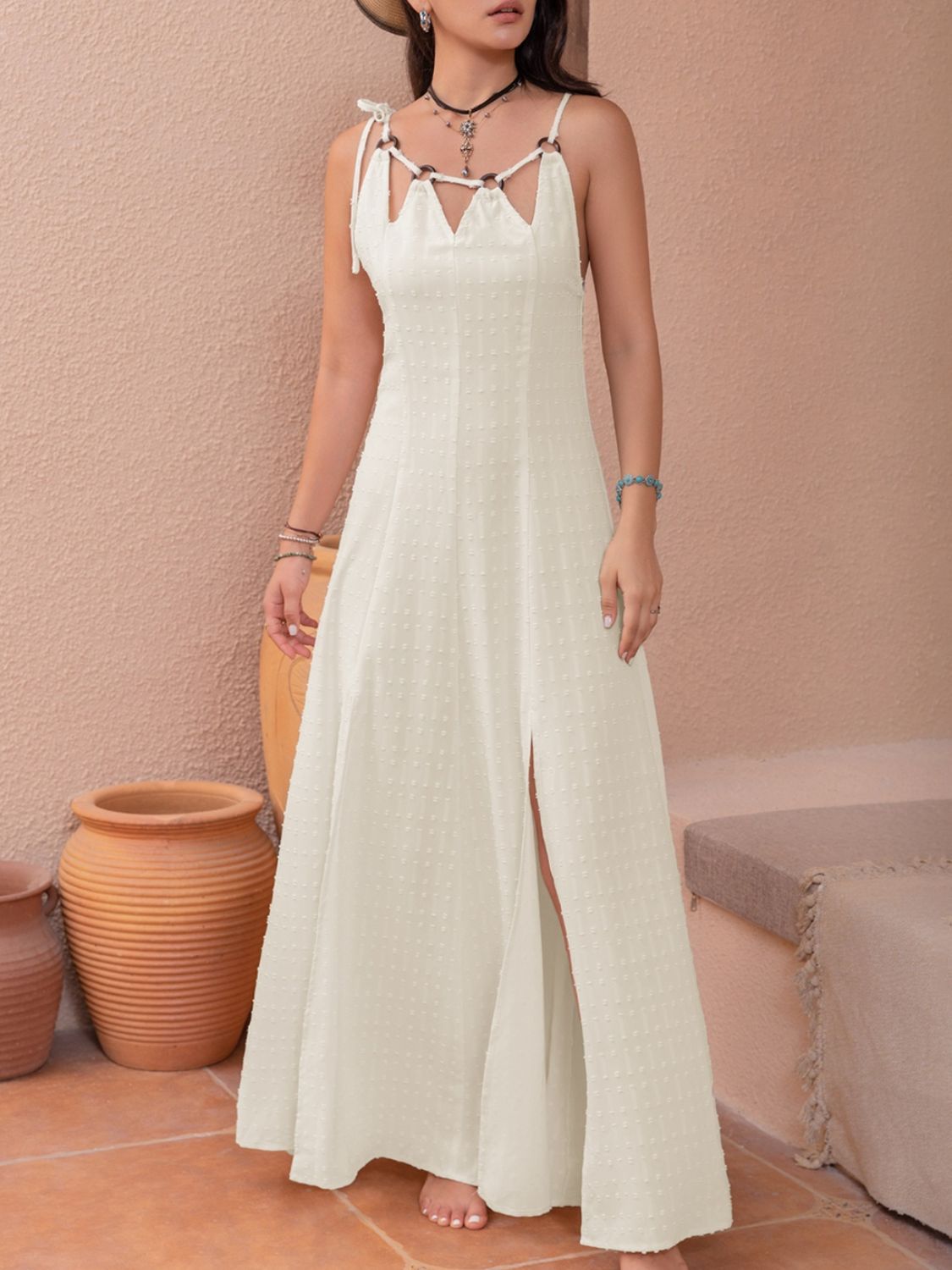 Beige Swiss Dot Cutout Sleeveless Maxi Dress