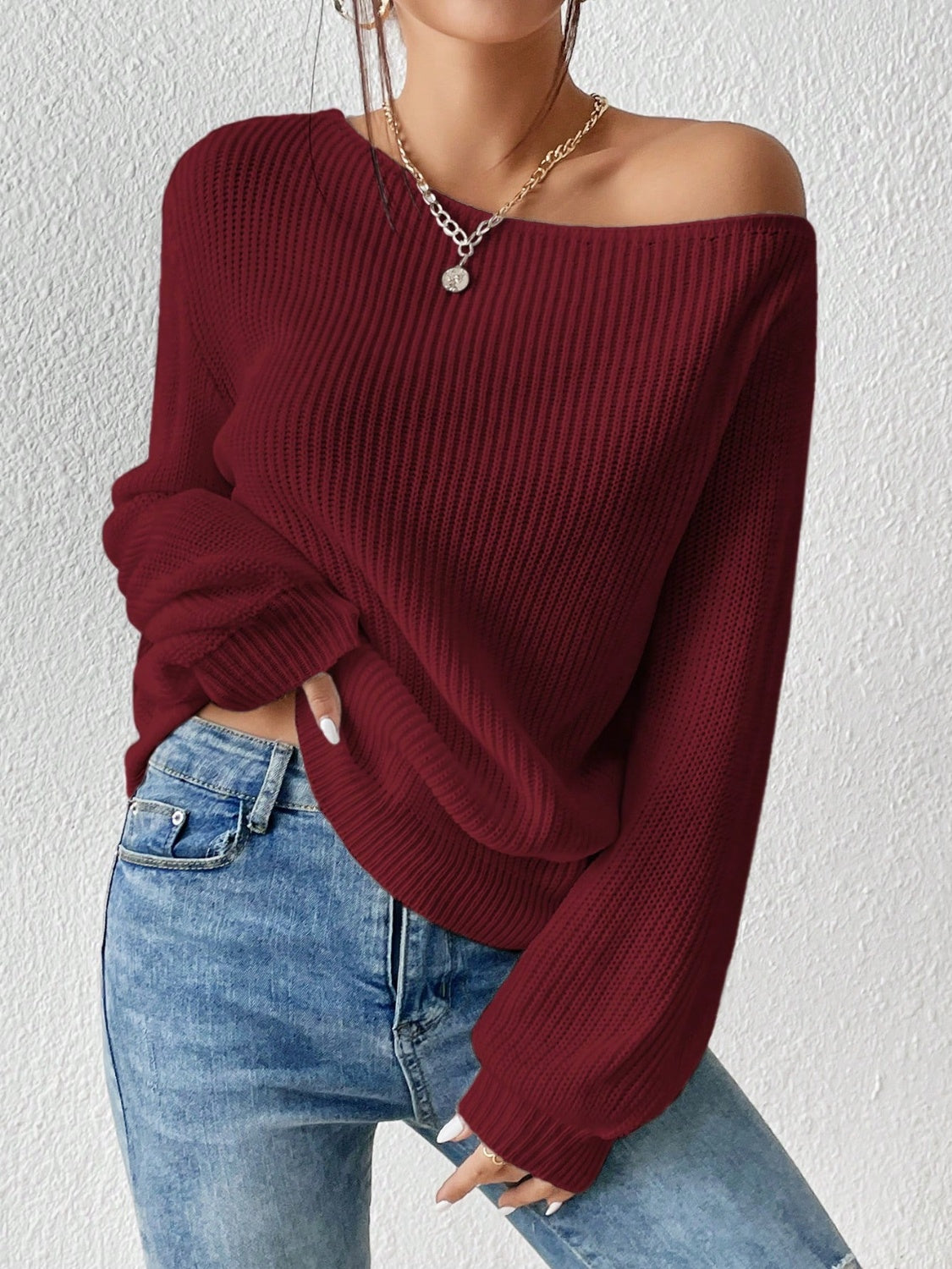 Honey Single Shoulder Long Sleeve Sweater - Fashions Envy