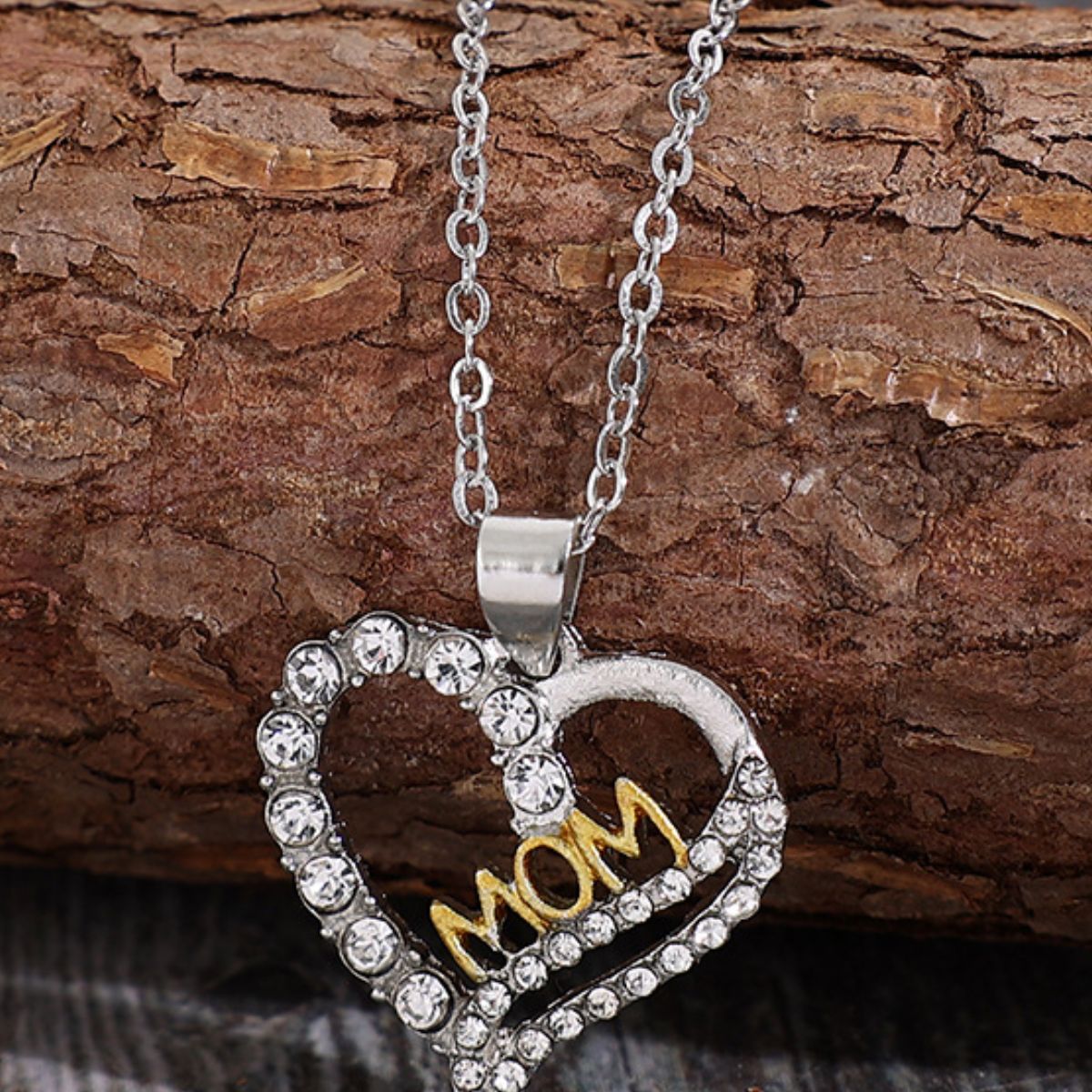 Alloy Inlaid Zircon Heart Pendant MOM Necklace