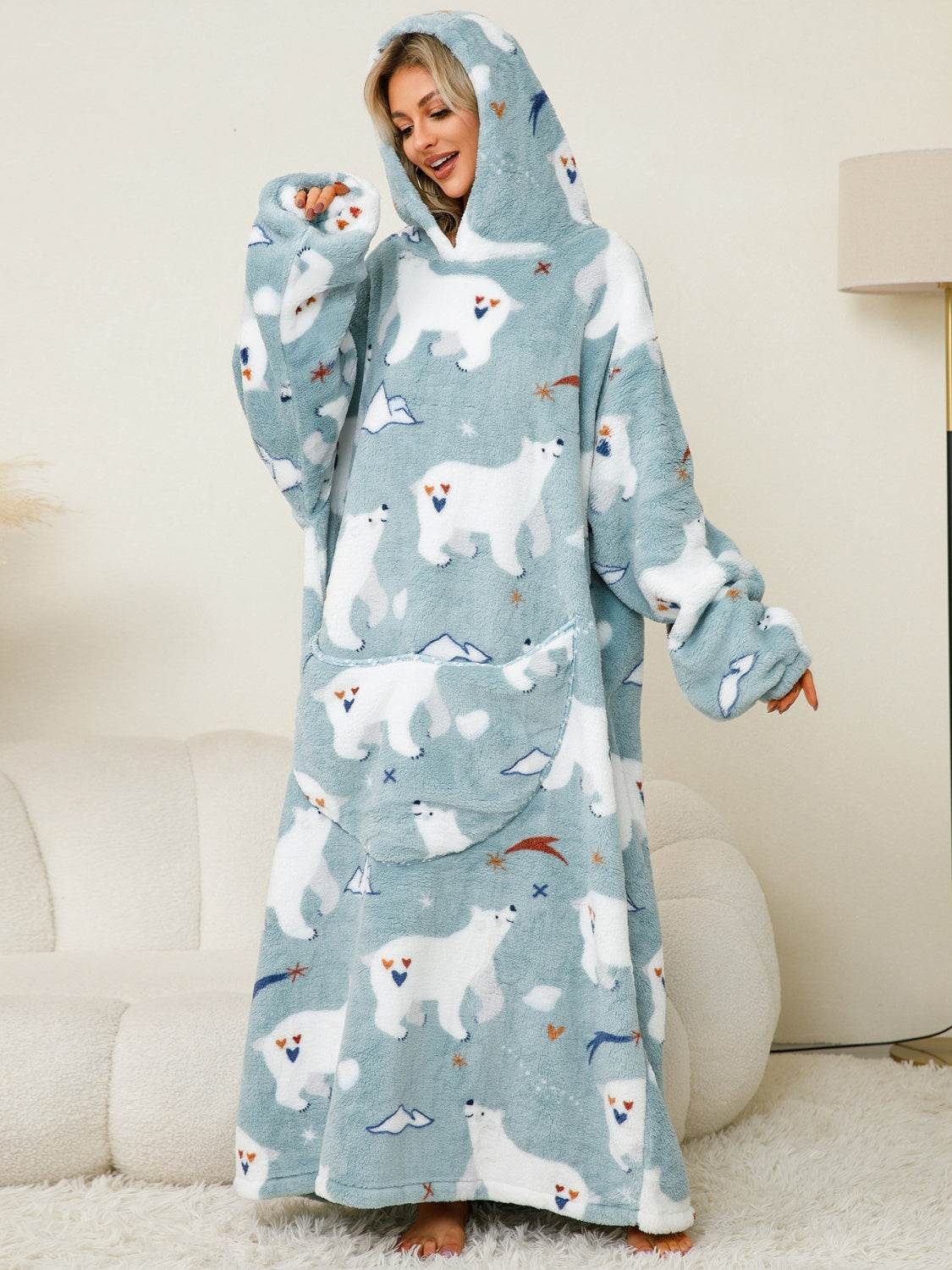 Fuzzy Pocketed Long Sleeve Hooded Lounge Dress - Fashions Envy