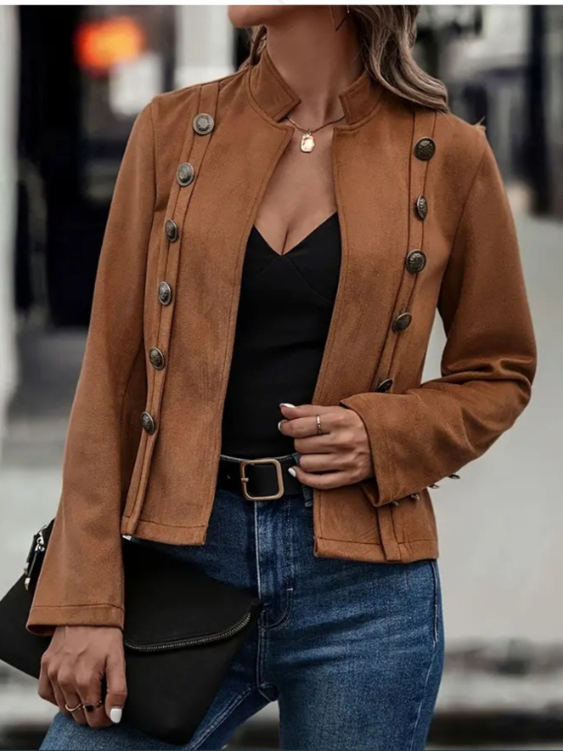 Decorative Button Open Front Long Sleeve Jacket - Fashions Envy