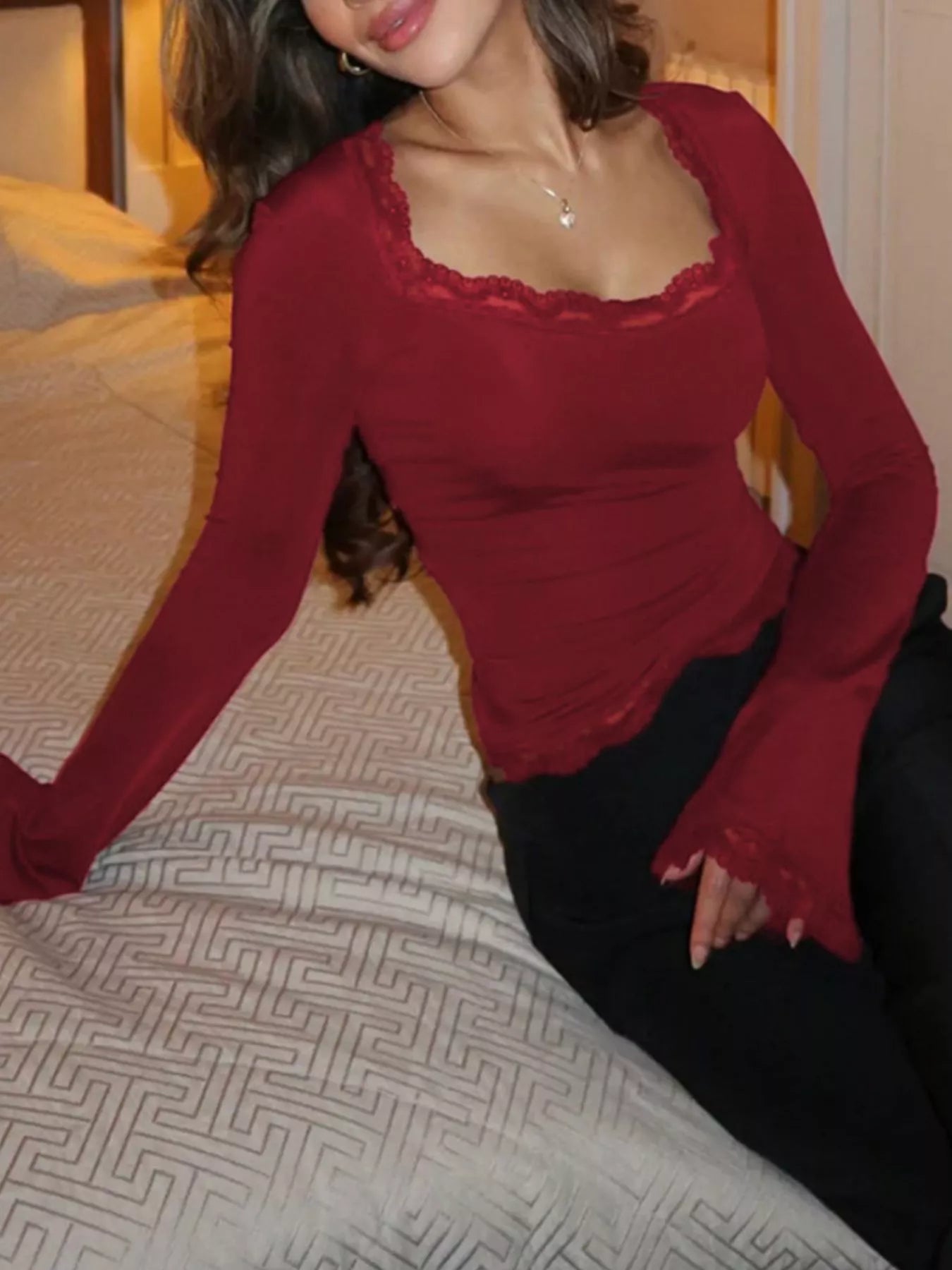 Lace Trim Top - Square Neck Long Sleeve Fitted - Fashions Envy