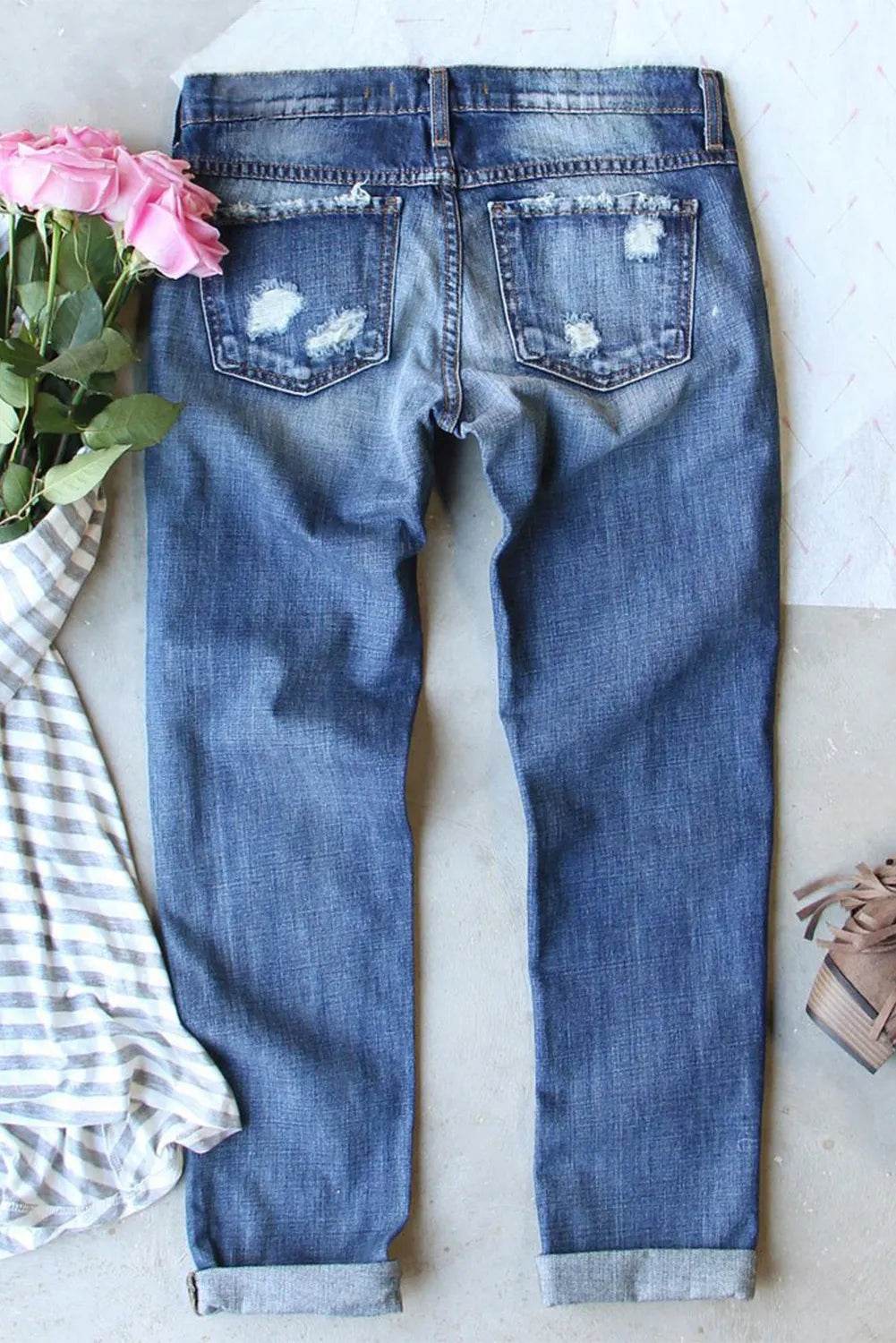 Distressed Pumpkin Pattern Jeans with Pockets - Fashions Envy