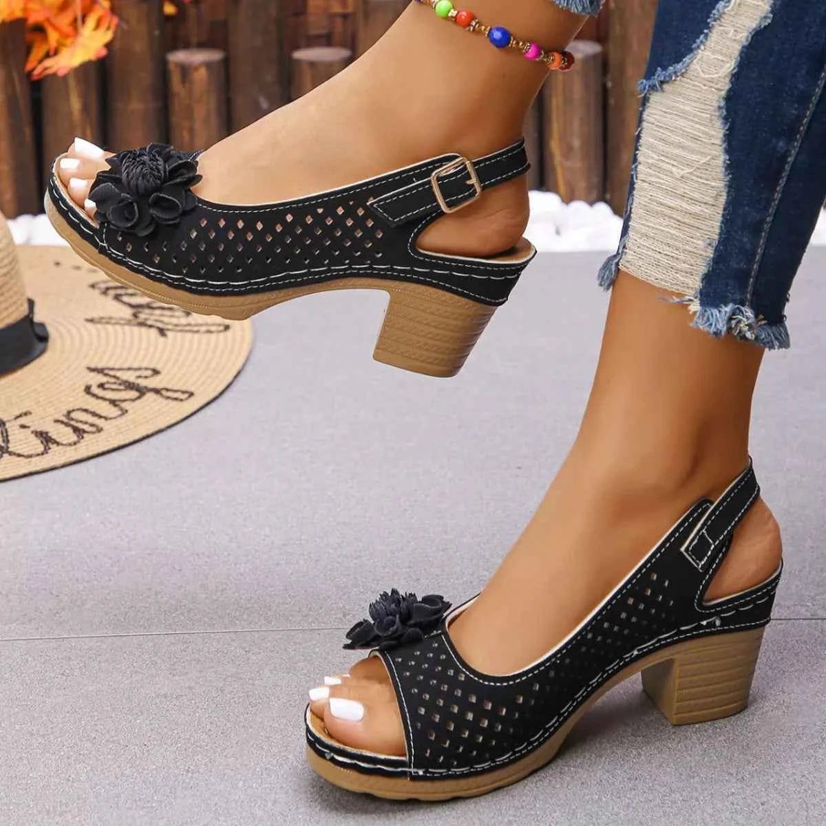 Floral Accent Block Heel Sandals