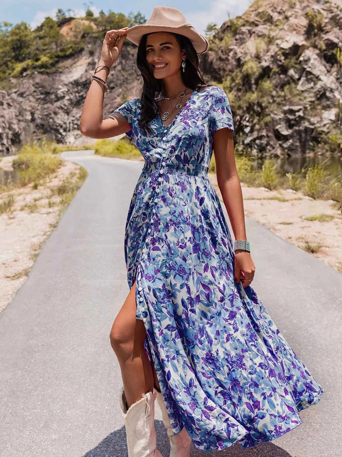 Floral Print V-Neck Slit Midi Dress