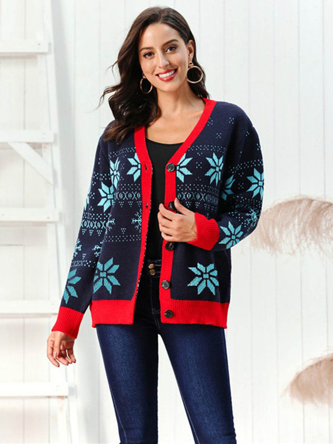Snowflake Pattern Button Down Cardigan - Fashions Envy