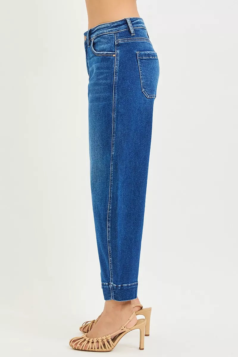 RISEN Mid Rise Crop Barrel Jeans - Fashions Envy