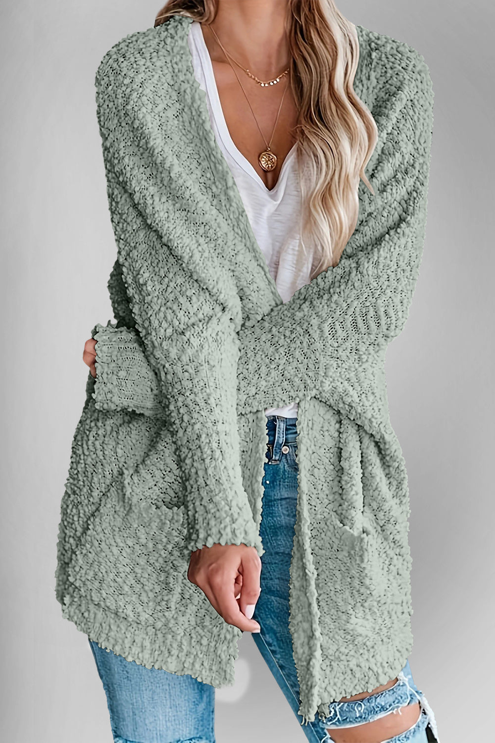 Double Take Pocketed Open Front Long Sleeve Cardigan - Fashions Envy