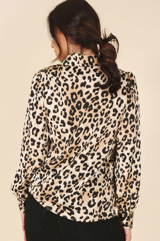 Satin Long Sleeve Leopard Blouse