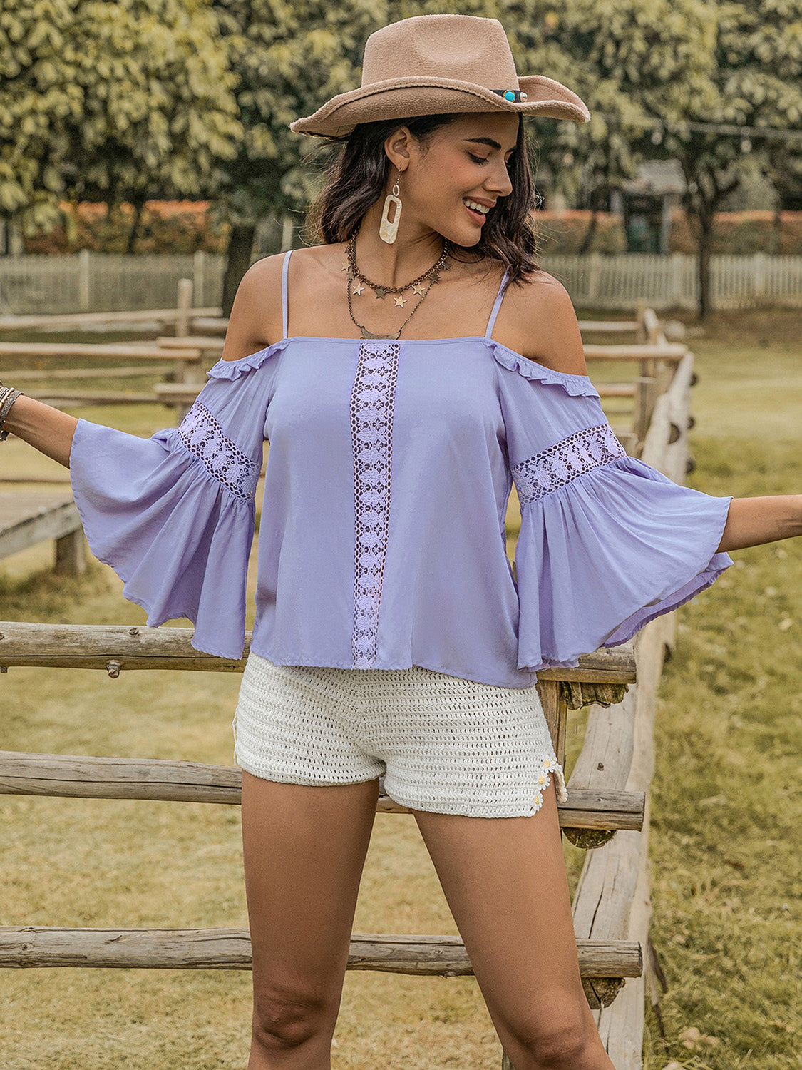 Blue Purple Square Neck Flare Sleeve Blouse