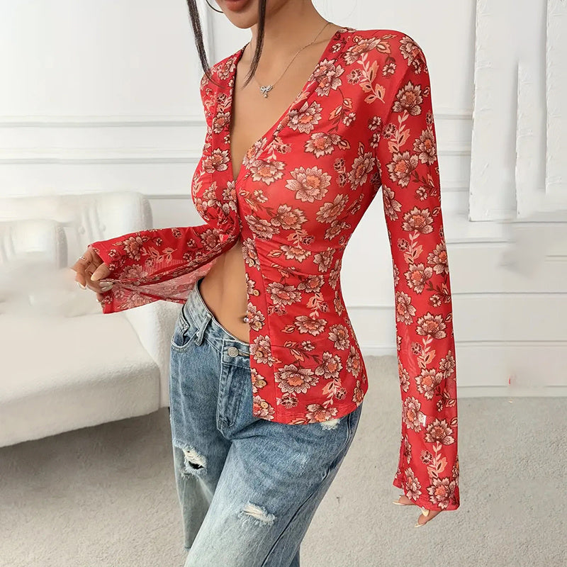 Long Sleeve V Neck Ruched Button Down Floral Shirt