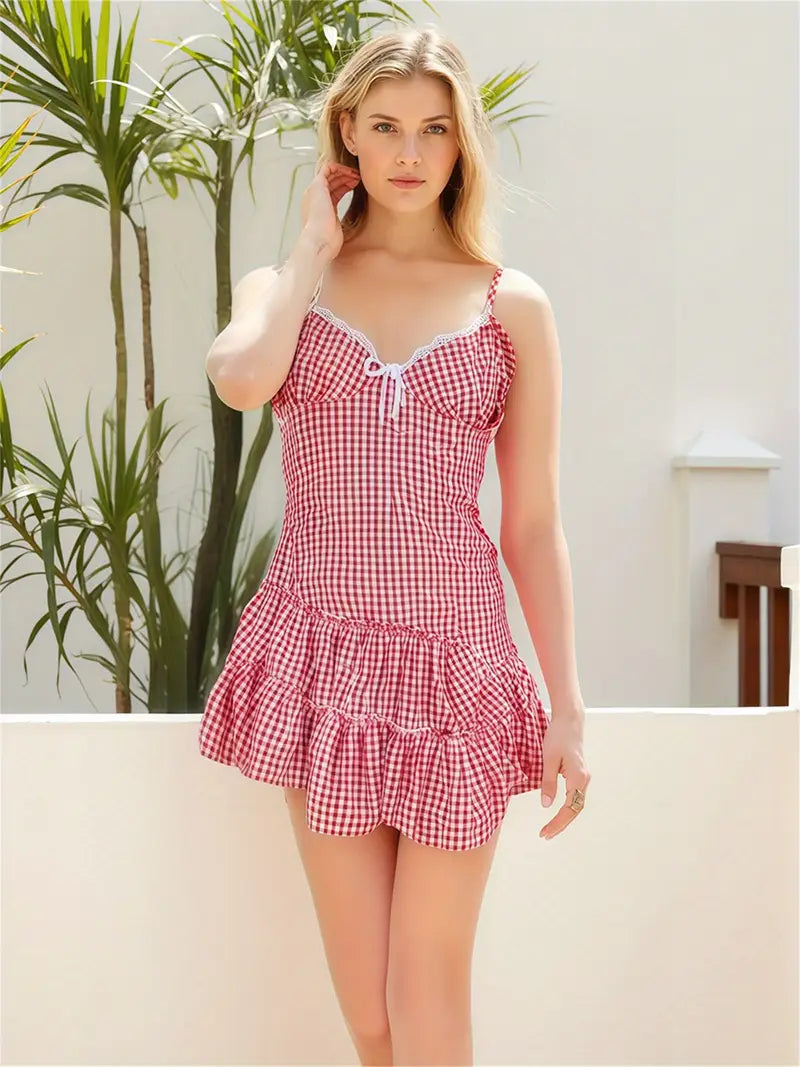 Sleeveless Casual Lace Trim Plaid Print Backless Ruffled Mini Dress - Party Dress for Vacation Beach Streetwear