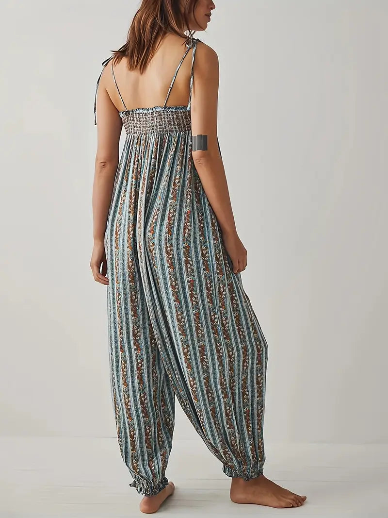 Sleeveless Flowy Vibrant Striped Jumpsuit with Lace Trim