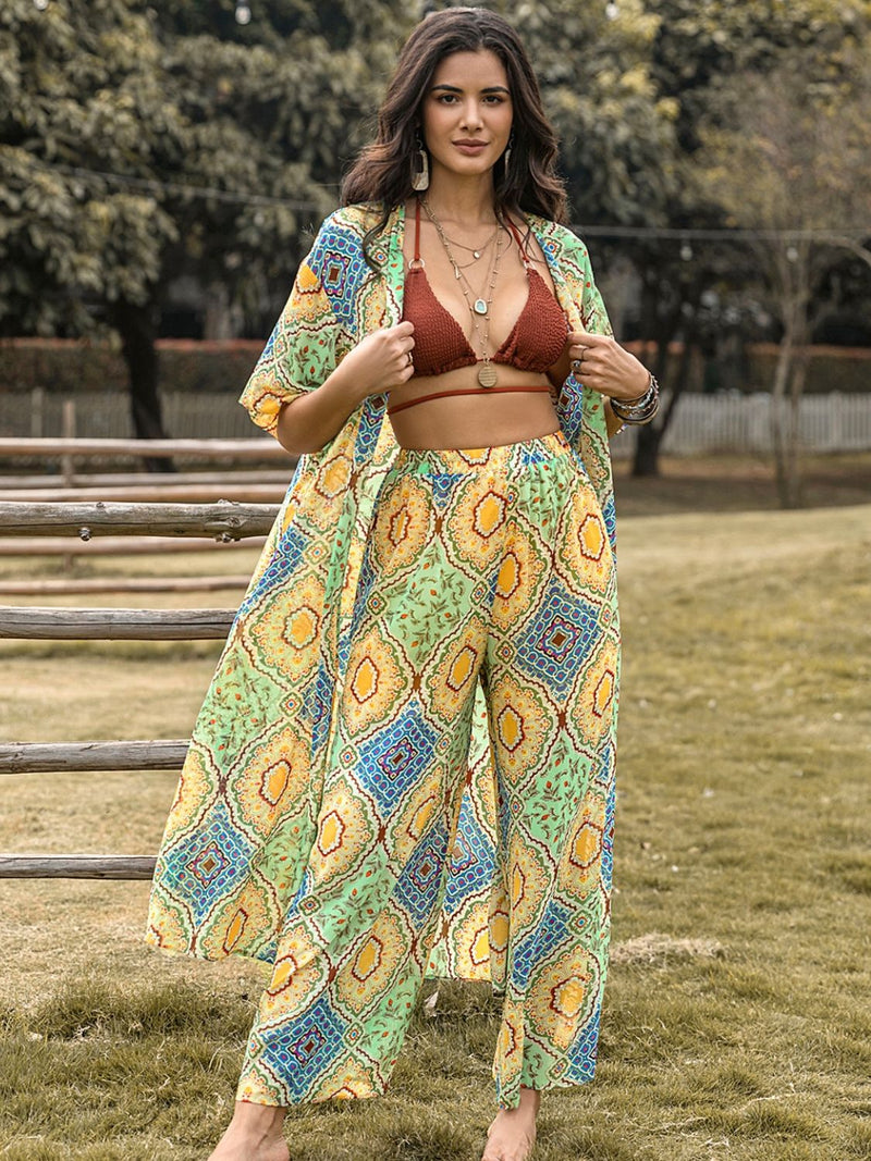 Printed Half Sleeve Top and Wide Leg Pants Set in Gum Leaf