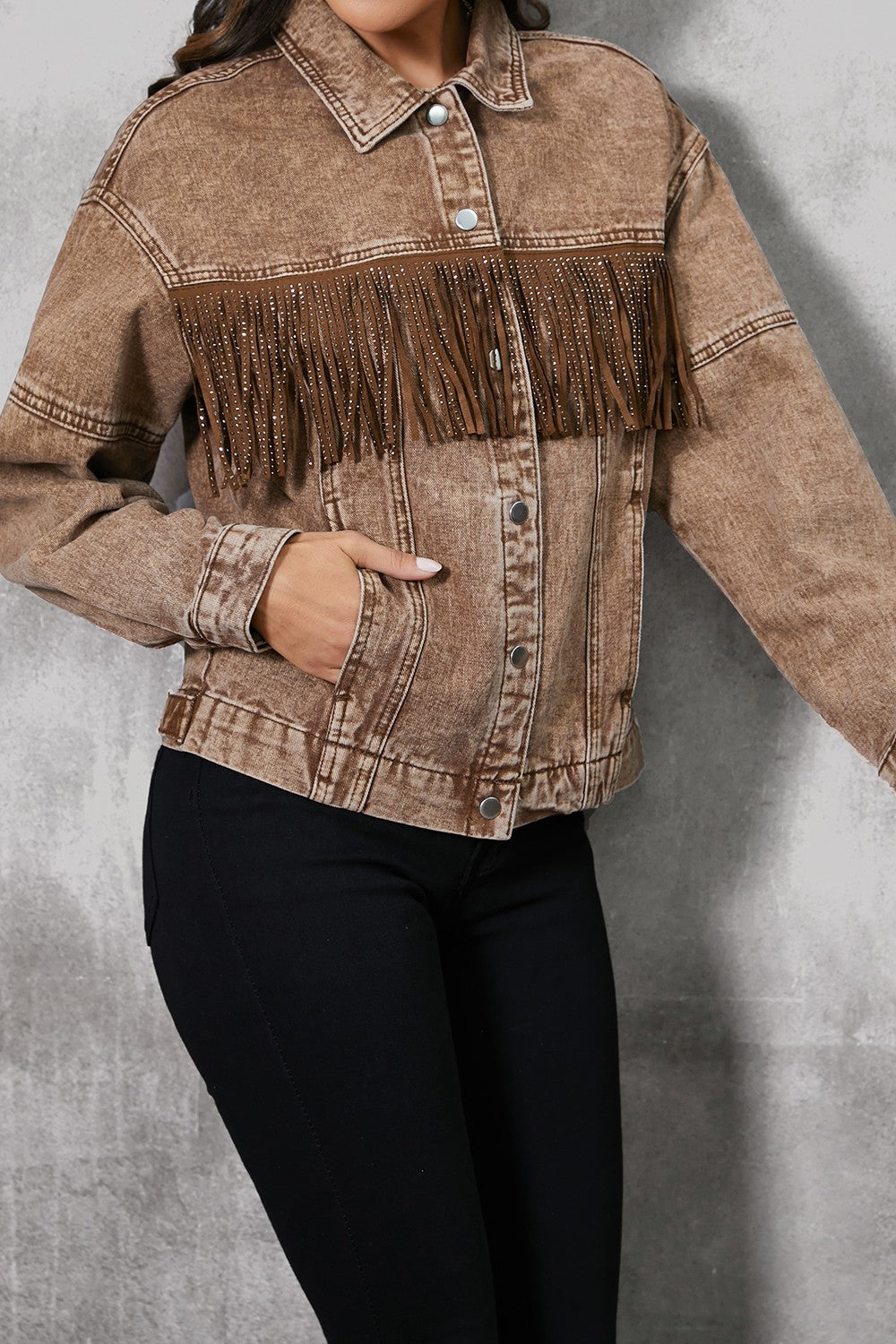 Fringe Trim Snap Down Denim Jacket - Fashions Envy
