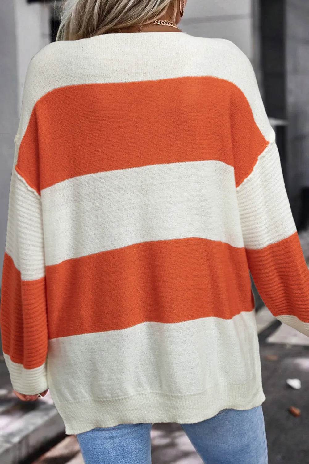 Color Block Dropped Shoulder V-Neck Sweater - Fashions Envy