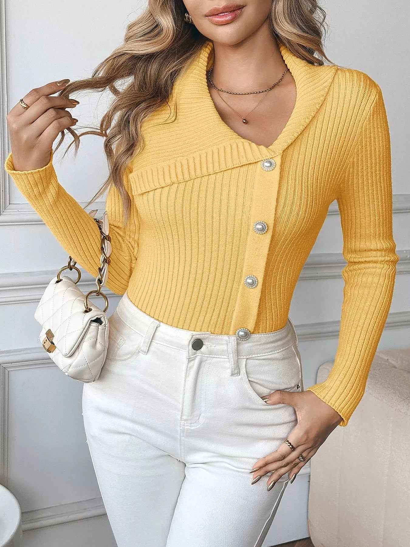 Ribbed Button-Up Cardigan - Chic Asymmetrical Style - Fashions Envy
