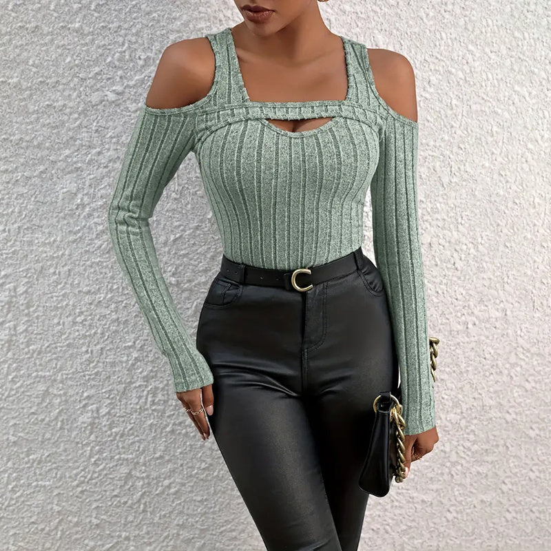 Cold Shoulder Ribbed Top - Cutout Long Sleeve Top