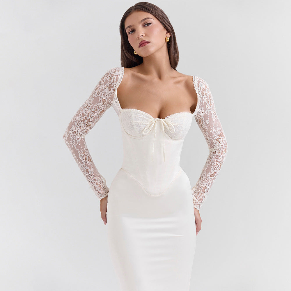 White Sweetheart Neck Maxi Dress - Lace Spliced Long Sleeve Bodycon