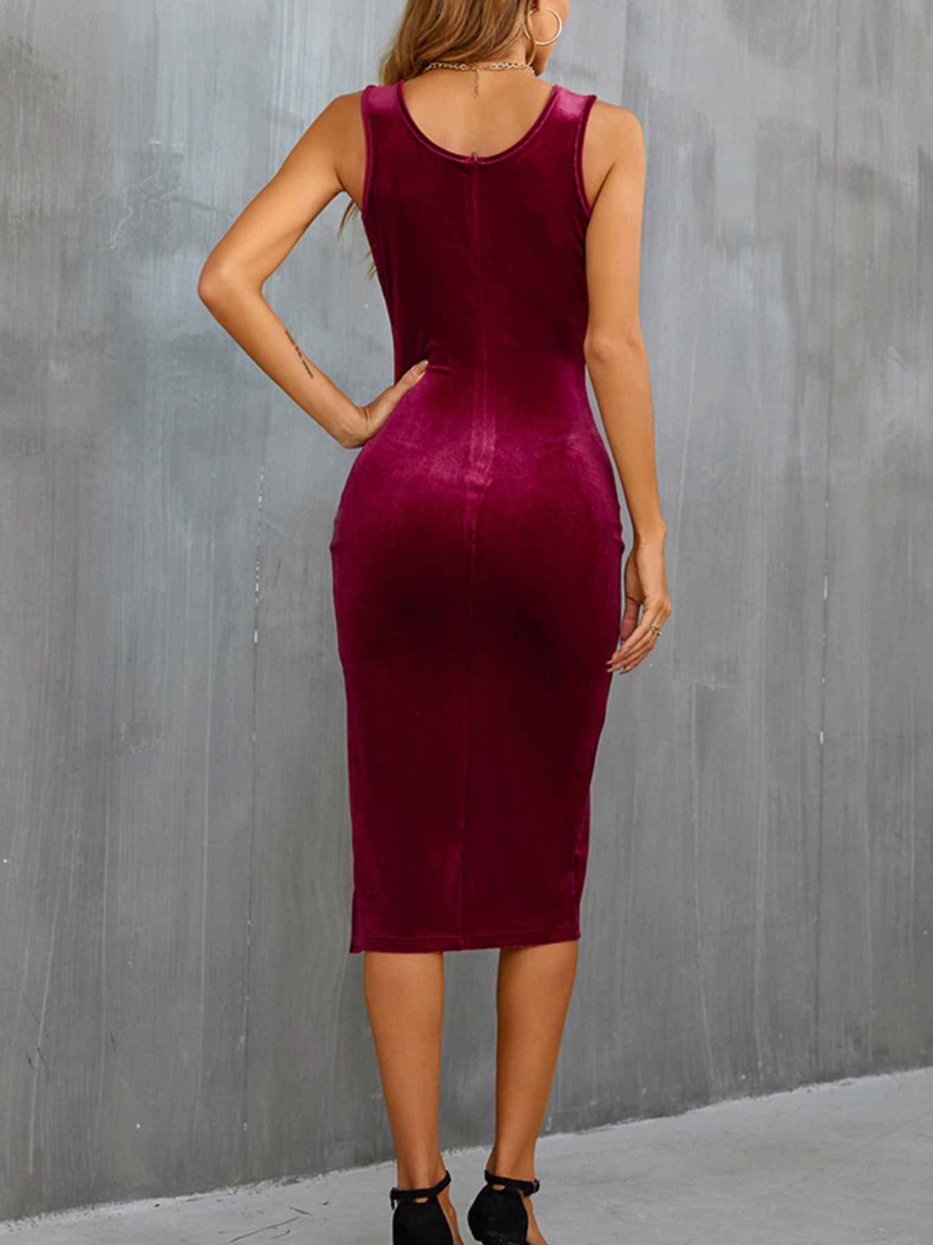 Velvet Slit Midi Dress - Wide Strap Bodycon Evening