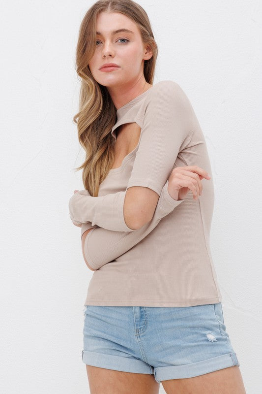 Ribbed Fitted Long Sleeve Top With Chest & Elbow Cutouts