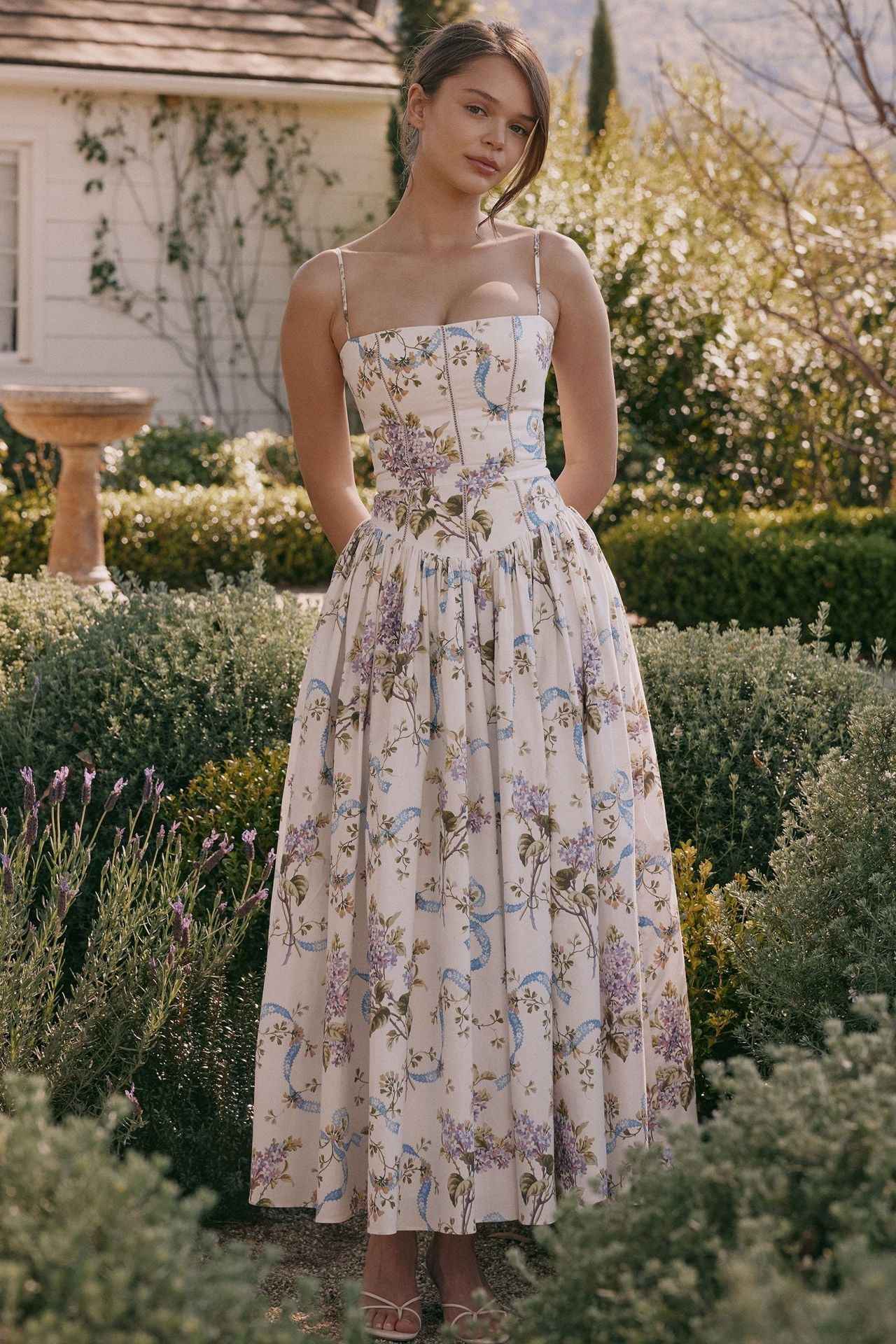 Floral Cami Maxi Dress - Cinched Waist A-Line Spaghetti Strap