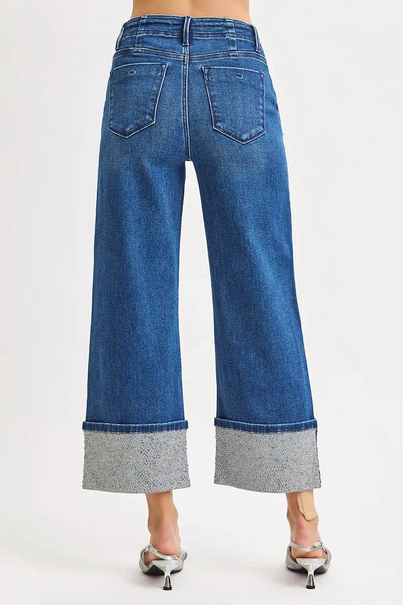 RISEN High Rise Ankle Wide Rhine Stone Cuffed Jeans - Fashions Envy