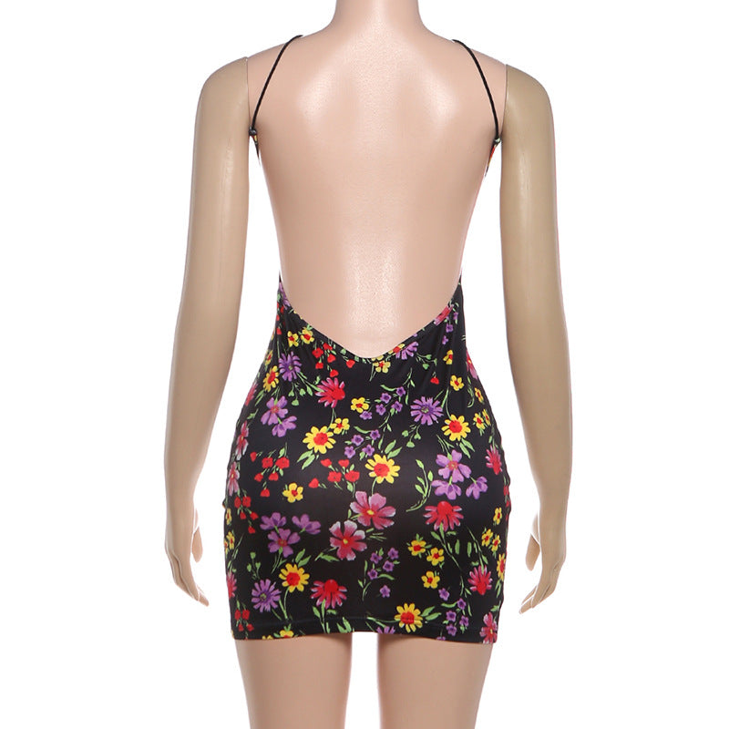 Halter Neck Backless Dress - Hollow Print Mini - Fashions Envy