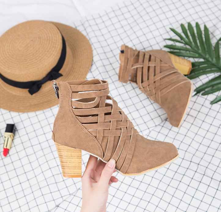 Women's Pointed Thick Heel Boots - Hollow Short Design - Fashions Envy