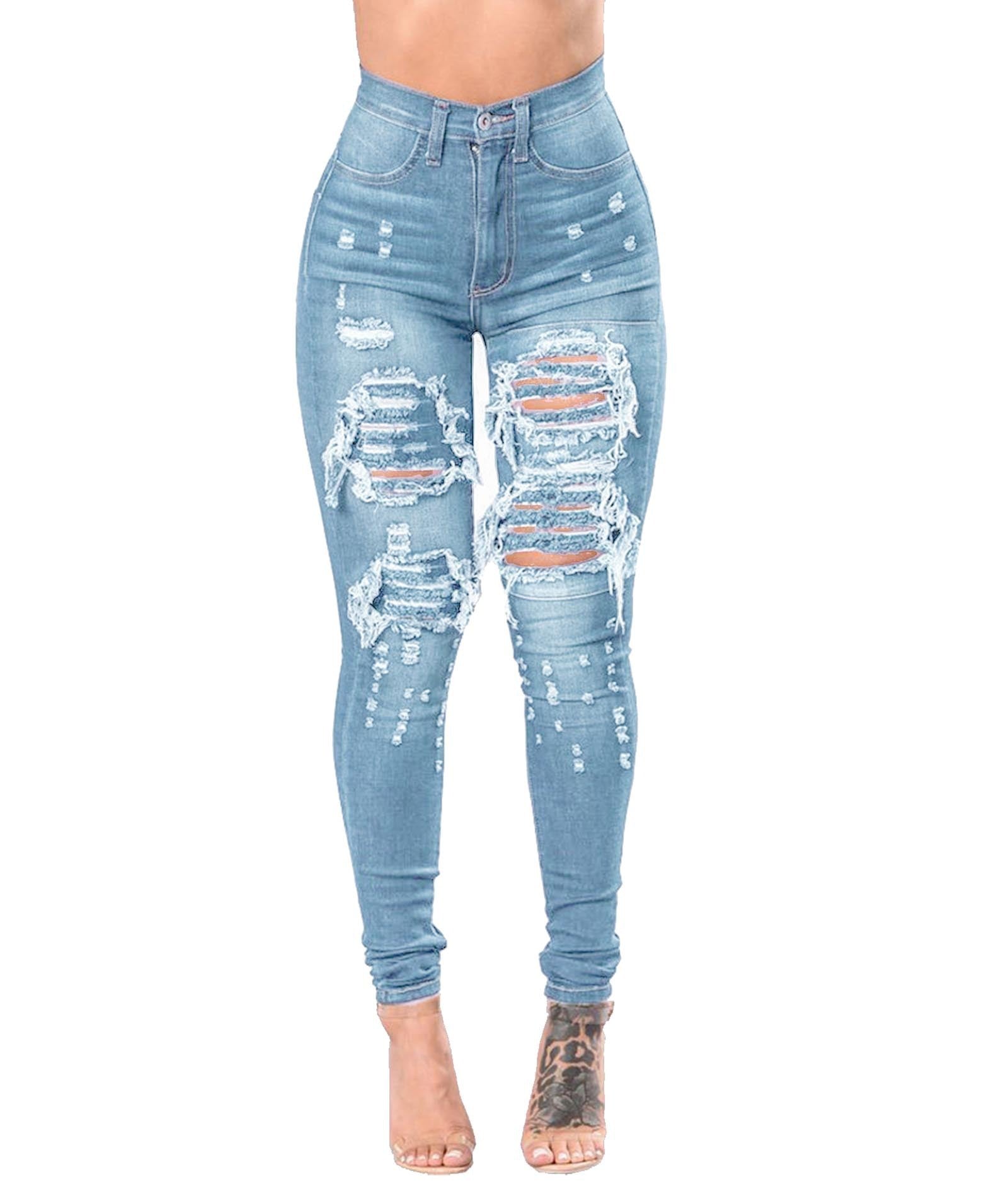 Women's Ripped Denim Pants - Washed Distressed Jeans
