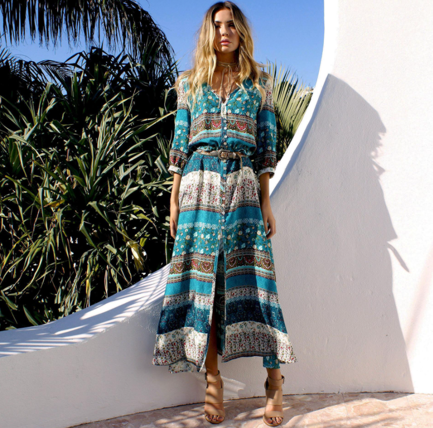 Boho V-Neck Maxi Dress - Long Sleeve Flowy Print