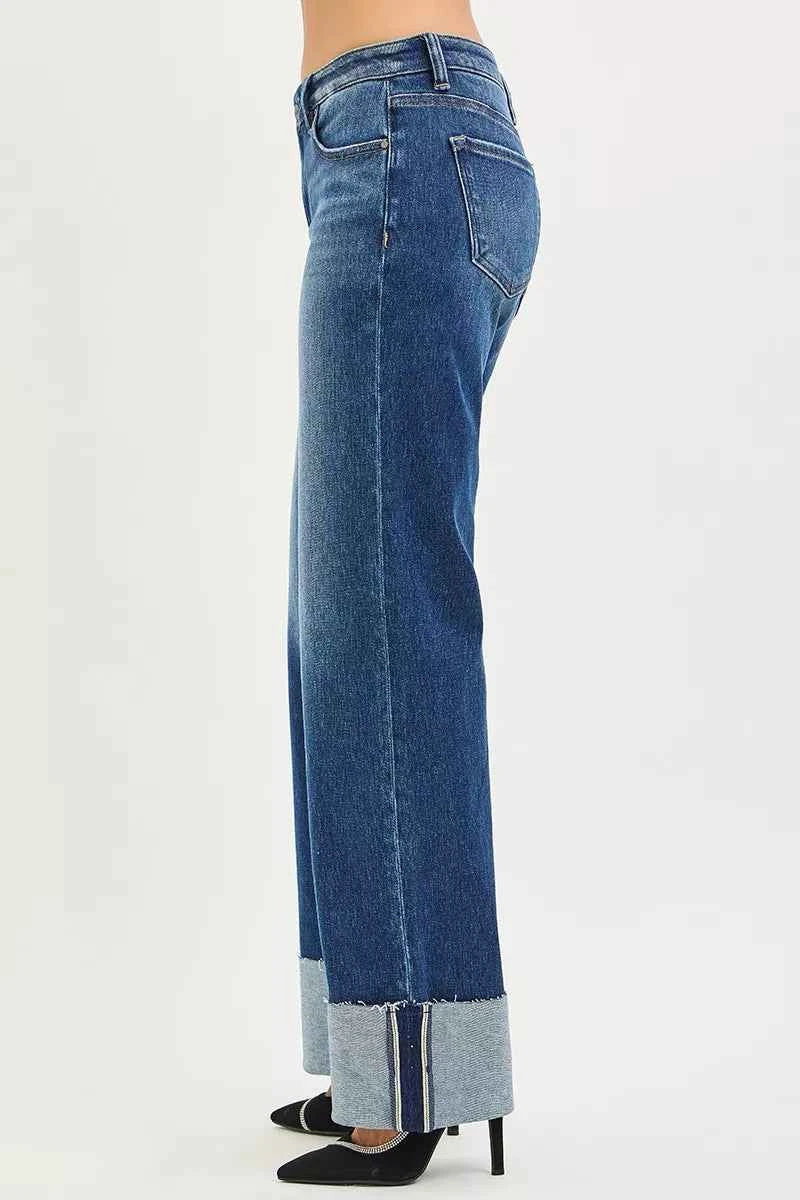RISEN Wide Straight Jeans - Mid Rise Wide Cuff Detail