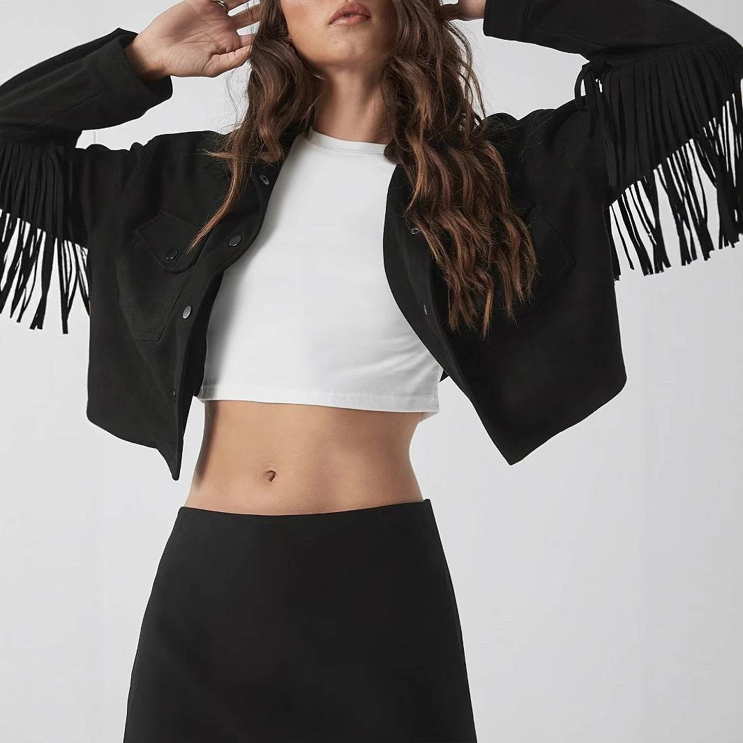 Women's Black Long Sleeve Fringe Jacket - Casual Elegant Coat