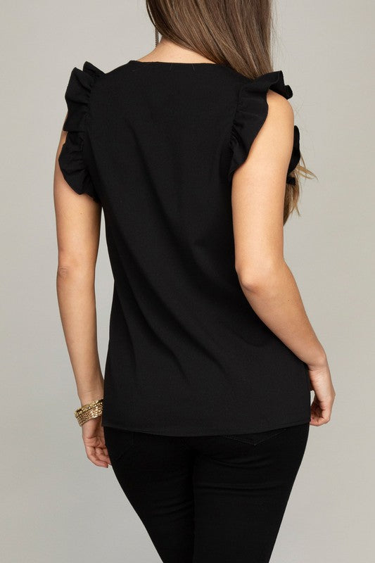 V-Neck Ruffle Short Sleeve Textured T-Shirt