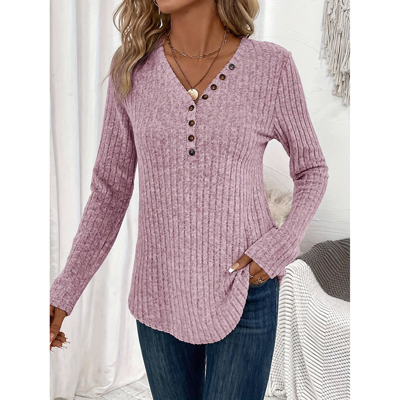 Ribbed V-Neck Tunic - Slim Fit Button-Down Top