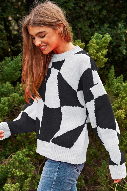 Oversized Multi Geo Checker Pullover Knit Sweater