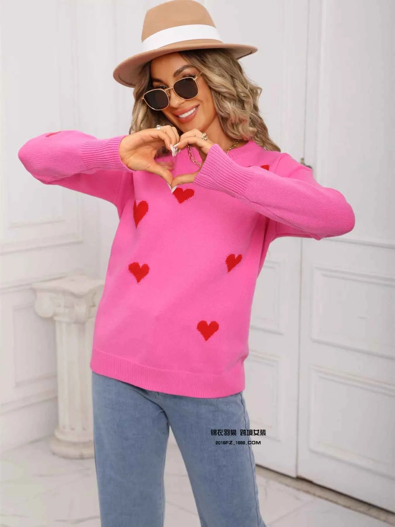 Valentine's Day Heart Print Round Neck Sweater - Fashions Envy