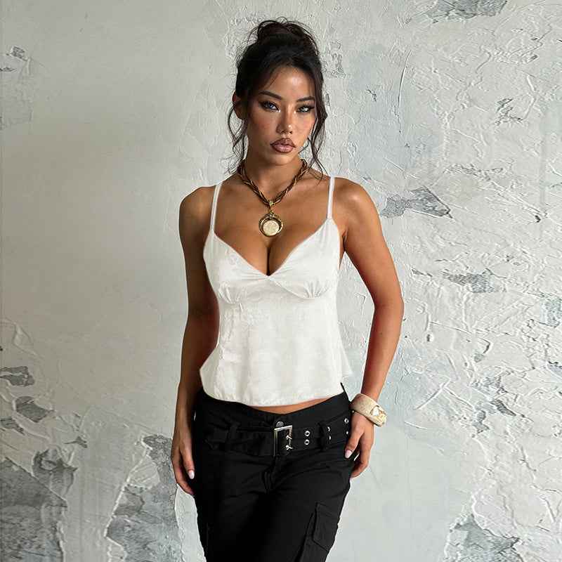 Satin Jacquard Slip Cami Top - V-Neck Loose Fit