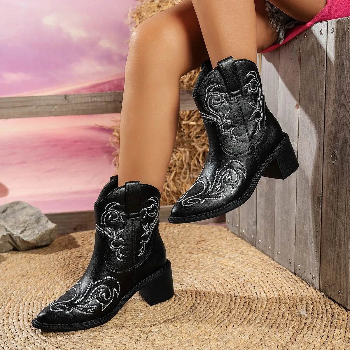 Point Toe Block Heels Boots - Mid Heel Ankle Boots - Fashions Envy