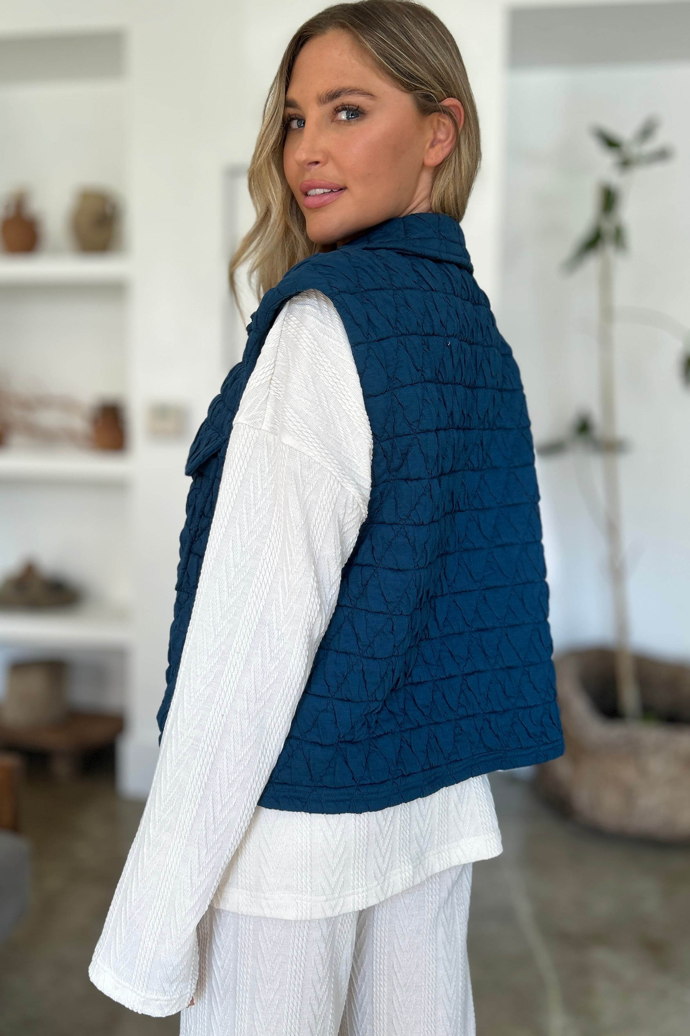 Double Take Full Size Pocketed Texture Snap Down Vest Coat - Fashions Envy