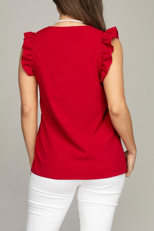 V-Neck Ruffle Short Sleeve Textured T-Shirt