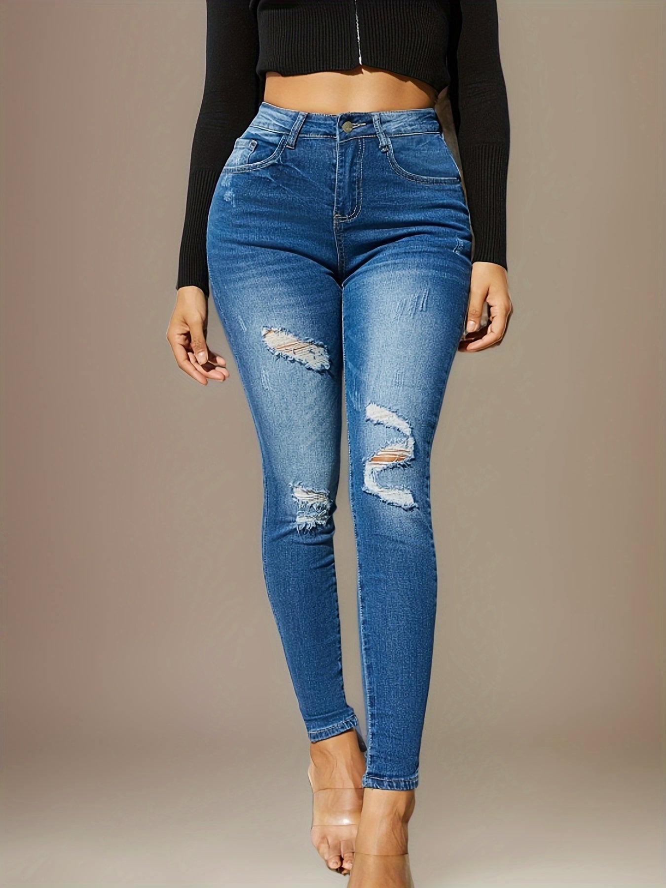 Skinny Jeans Women - High Waist Frayed Hem Distressed