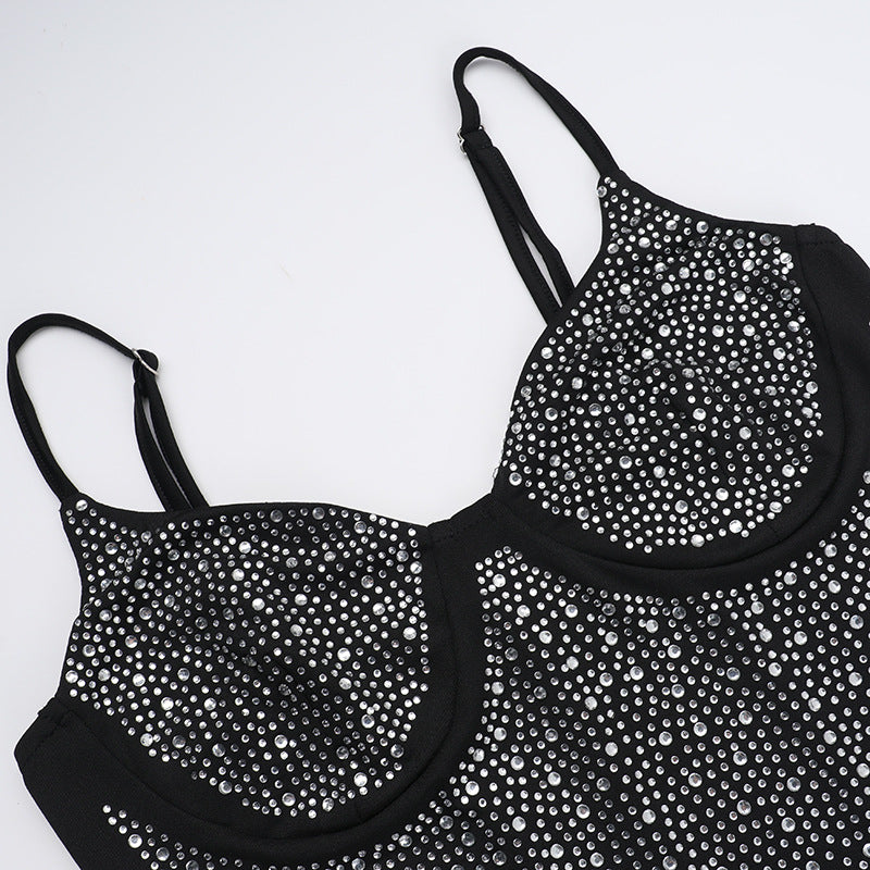 Bodycon Maxi Dress - Halter Diamond Embellished Slim Fit