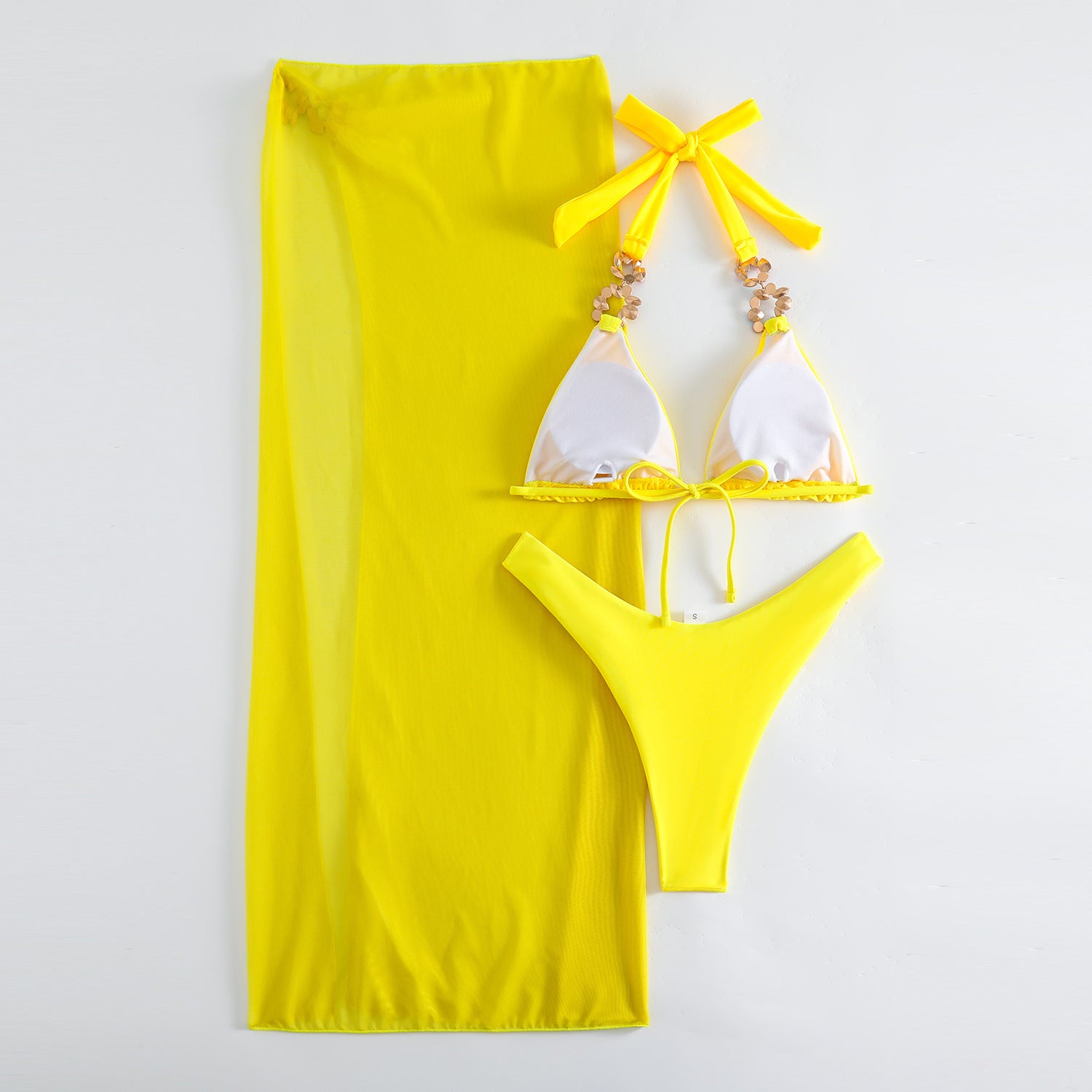 Three-Piece Bikini Set - Rhinestone Embellished Swimsuit - Fashions Envy