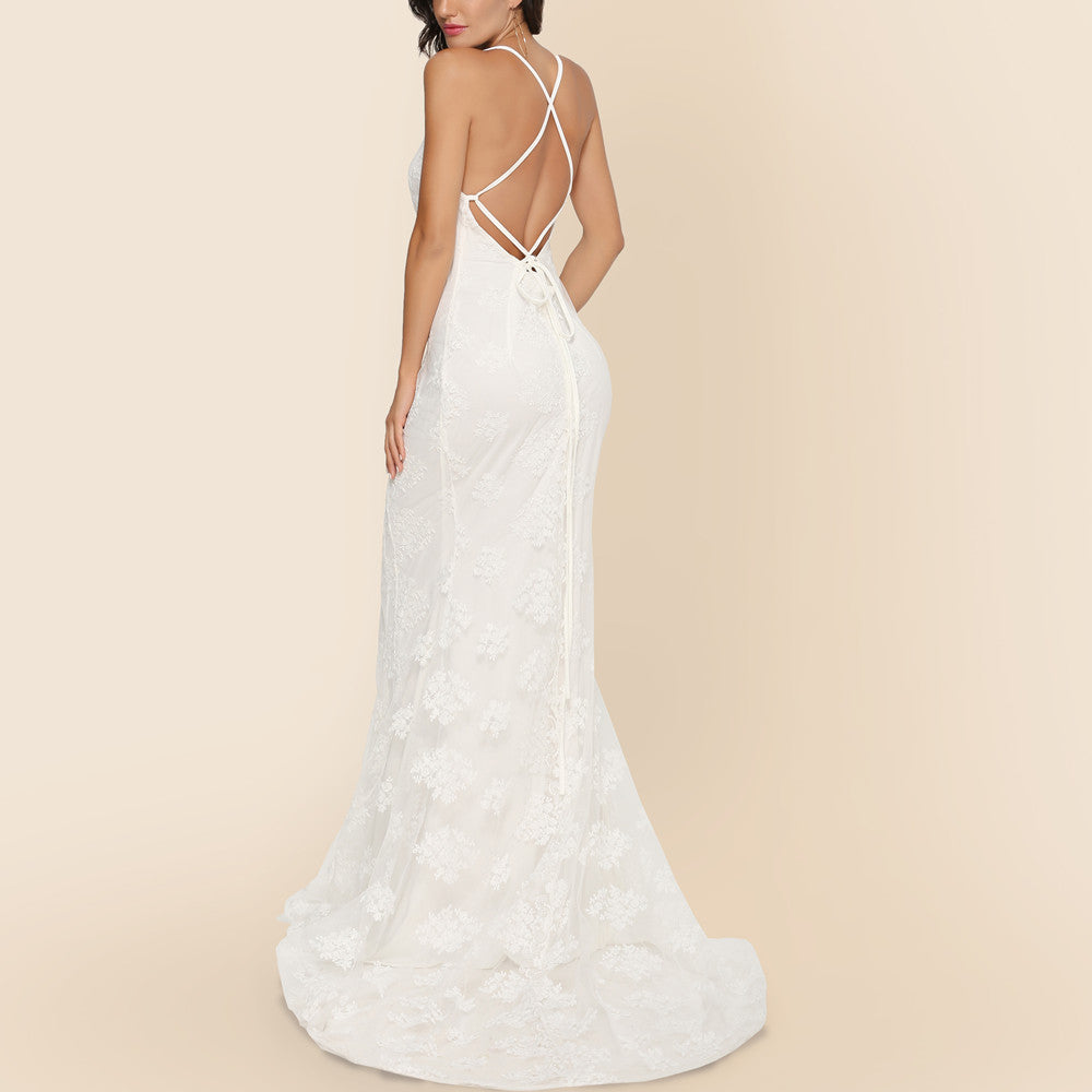 V-Neck Wedding Dress - Elegant Trailing Bridal Gown