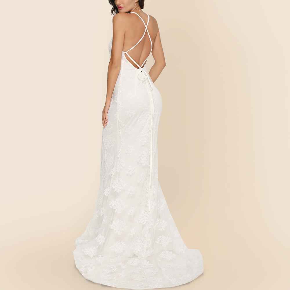 V-Neck Wedding Dress - Elegant Trailing Bridal Gown - Fashions Envy
