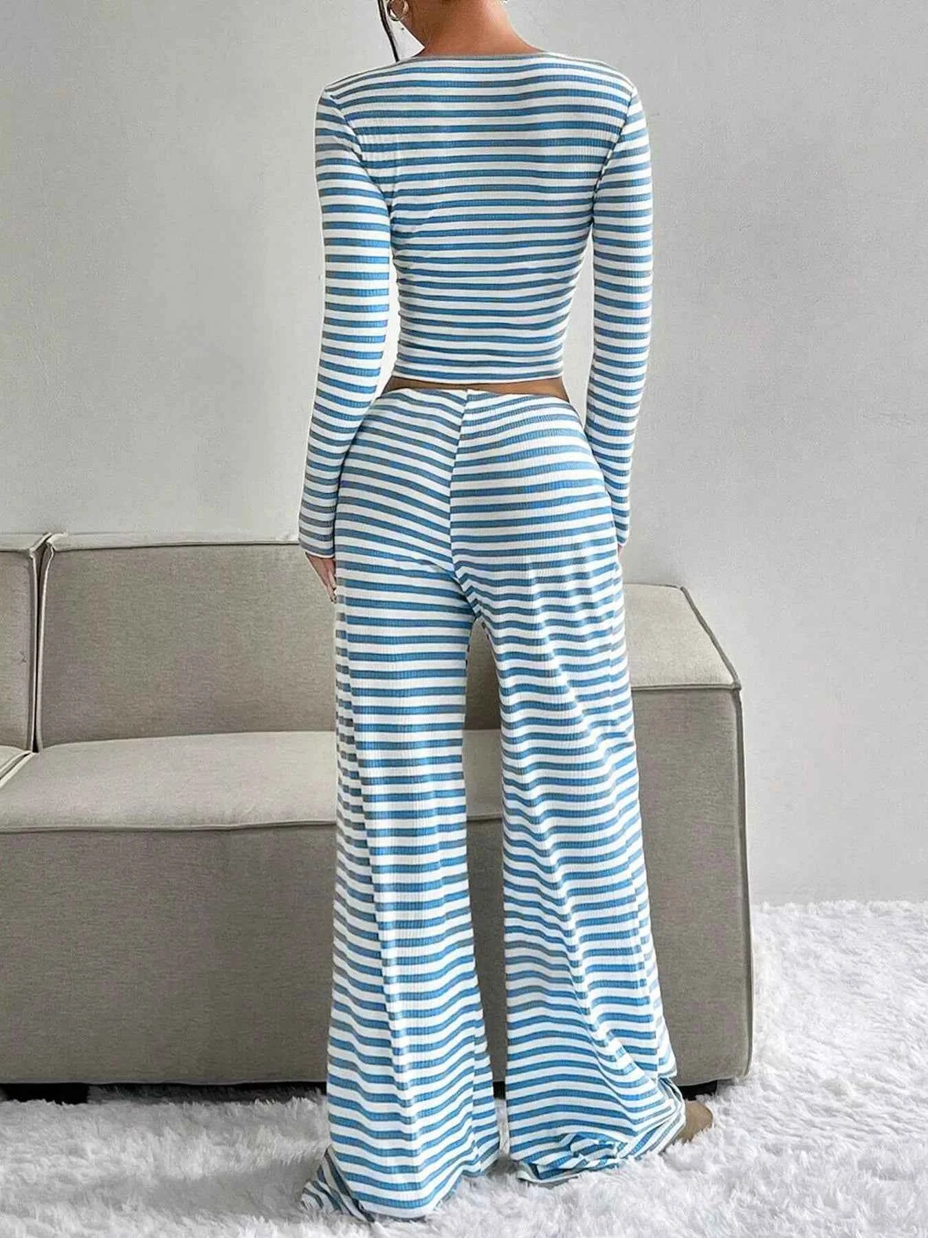 Striped Long Sleeve Crop Top & Wide Leg Pants Set